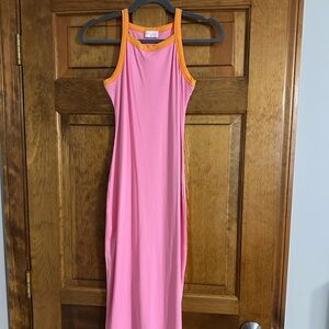 Pink lily midi dress. Pink with orange neckline. Size xs.